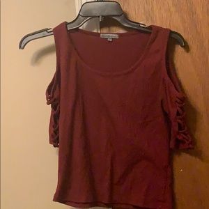 a red cold shoulder/ off the shoulder top
